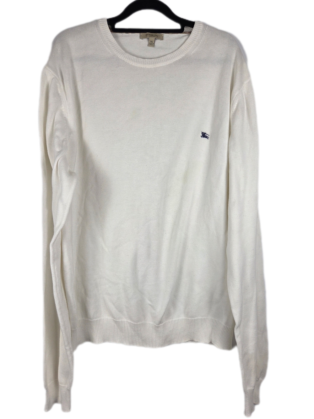 Burberry White Cotton Knit Crewneck Sweater Navy Embroidered EKD Logo